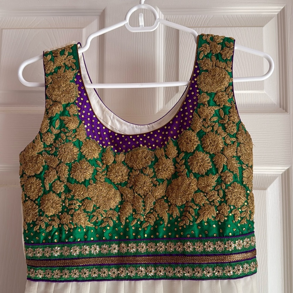 Simple & Stylish Anarkali-Style Indian Dress (Green, Purple, Cream, & Gold)